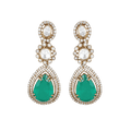 Polki Pattern Silver Earrings featuring gold-plated settings with clear Polki stones and vibrant green teardrop-shaped gemstones in a floral design.