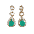 Polki Pattern Silver Earrings featuring gold-plated settings with clear Polki stones and vibrant green teardrop-shaped gemstones in a floral design.