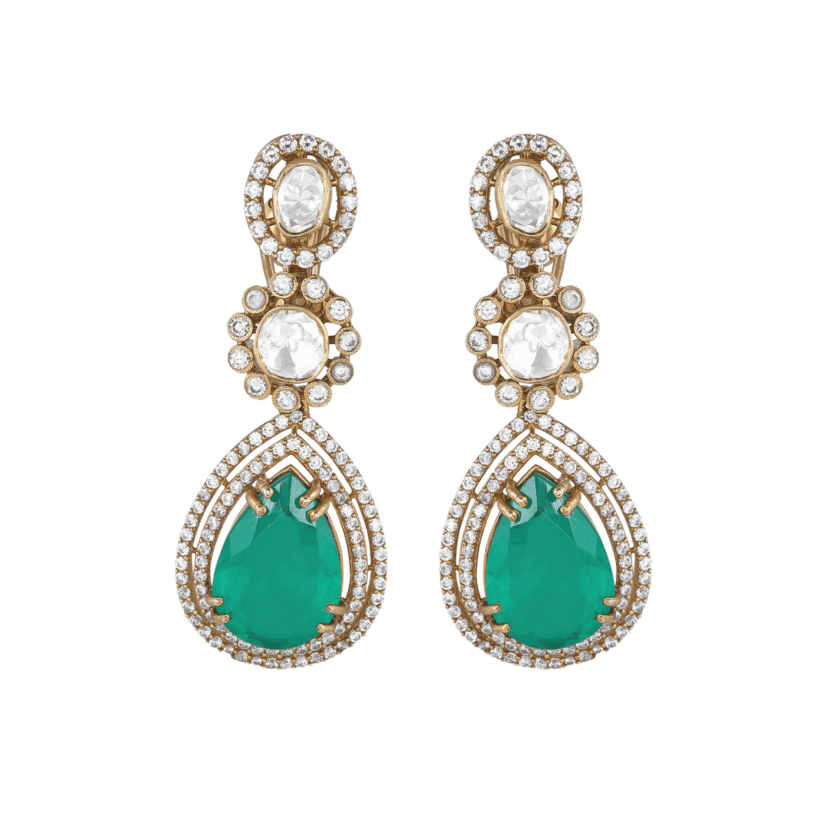 Polki Pattern Silver Earrings featuring gold-plated settings with clear Polki stones and vibrant green teardrop-shaped gemstones in a floral design.