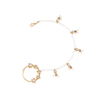 Silver Polki Pattern Nath featuring a gold-plated ring with pear-shaped Polki stones and a pearl-adorned multi-drop Sahara chain.