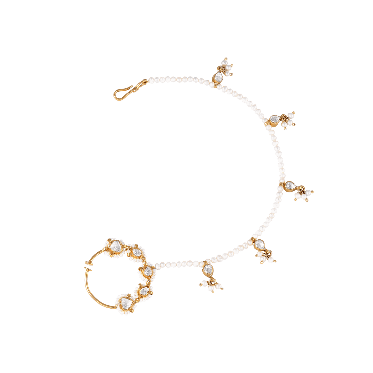 Silver Polki Pattern Nath featuring a gold-plated ring with pear-shaped Polki stones and a pearl-adorned multi-drop Sahara chain.