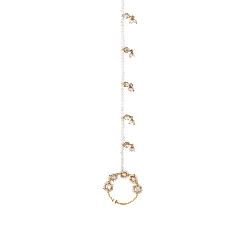 Silver Polki Pattern Nath with Pearl Sahare ChainSilver Polki Pattern Nath