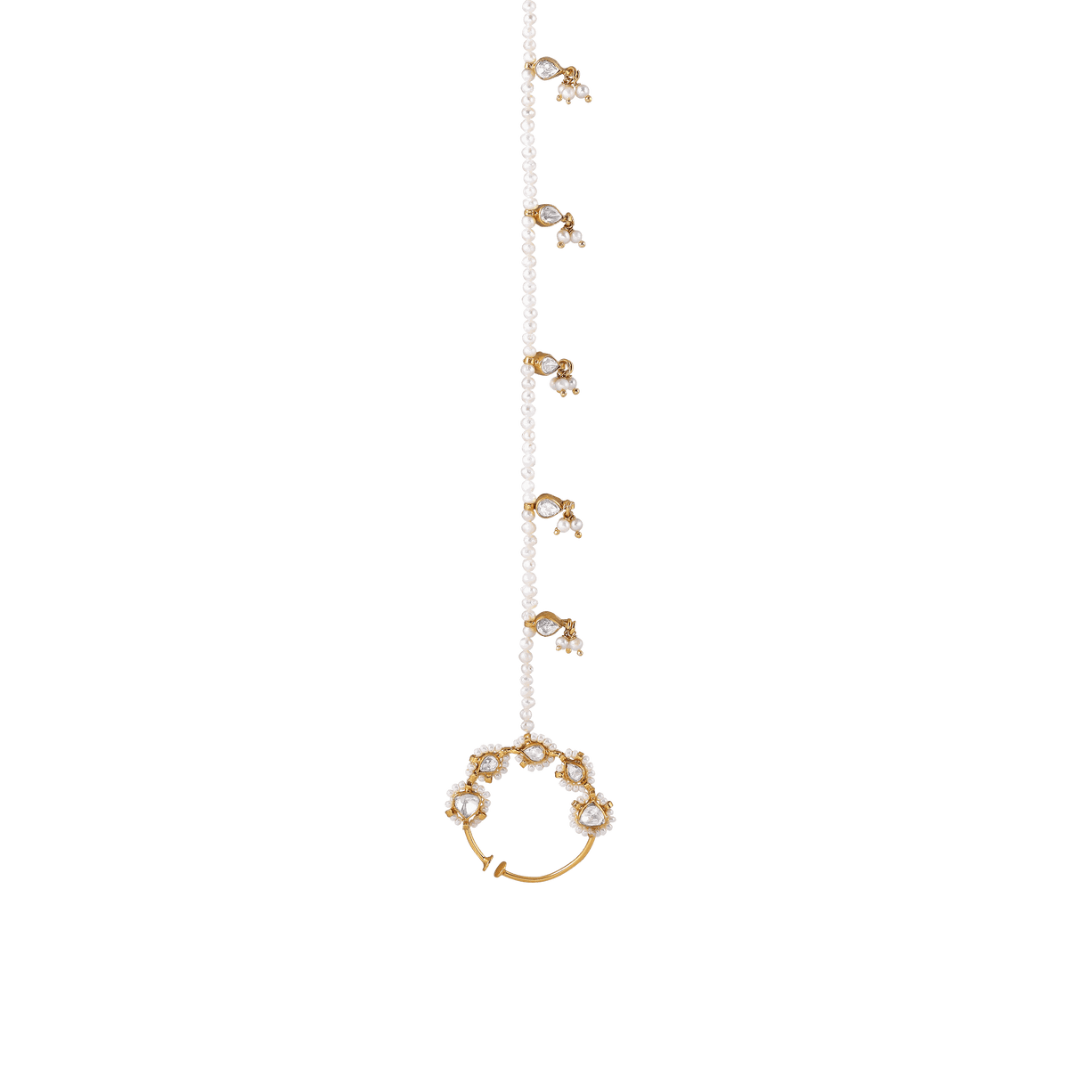 Silver Polki Pattern Nath with Pearl Sahare ChainSilver Polki Pattern Nath