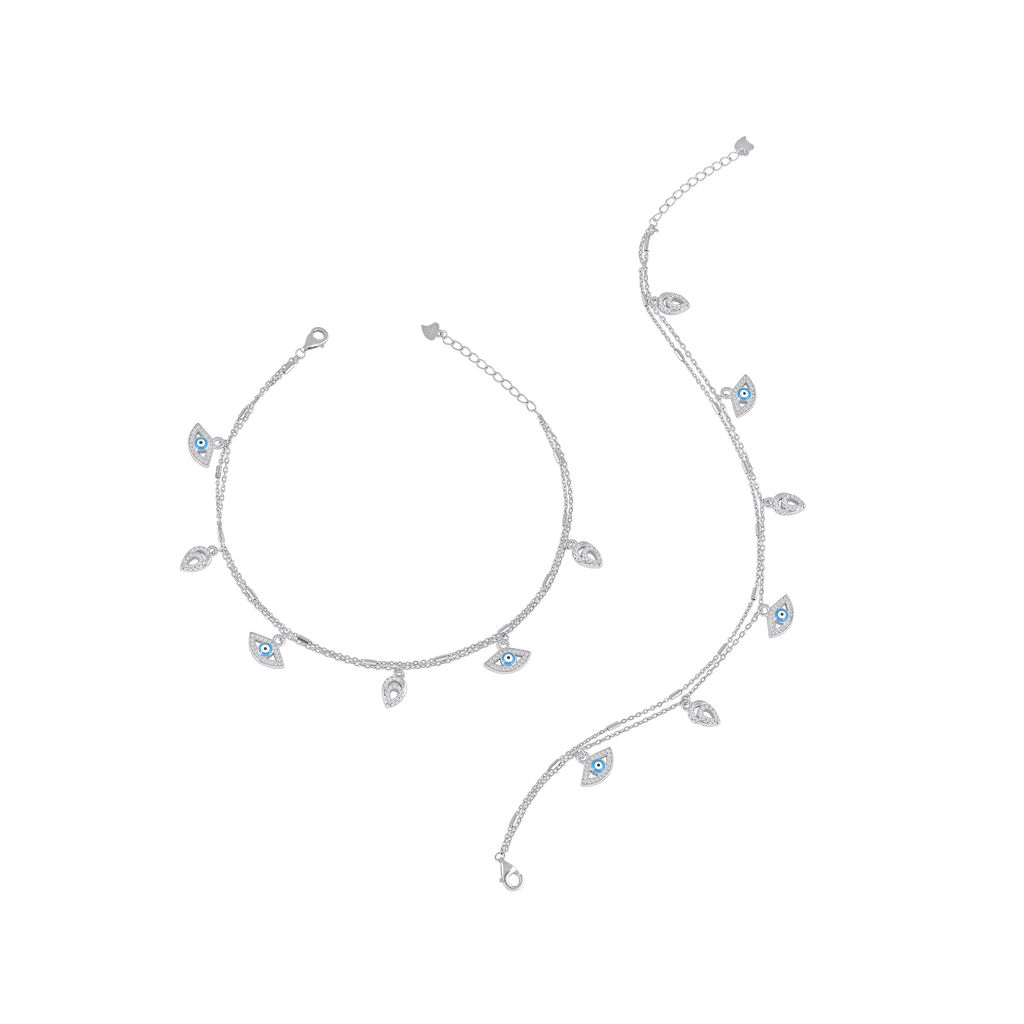 Silver Double Layer Evil Eye & CZ Leaf AnkletsSilver Double Layer Anklets