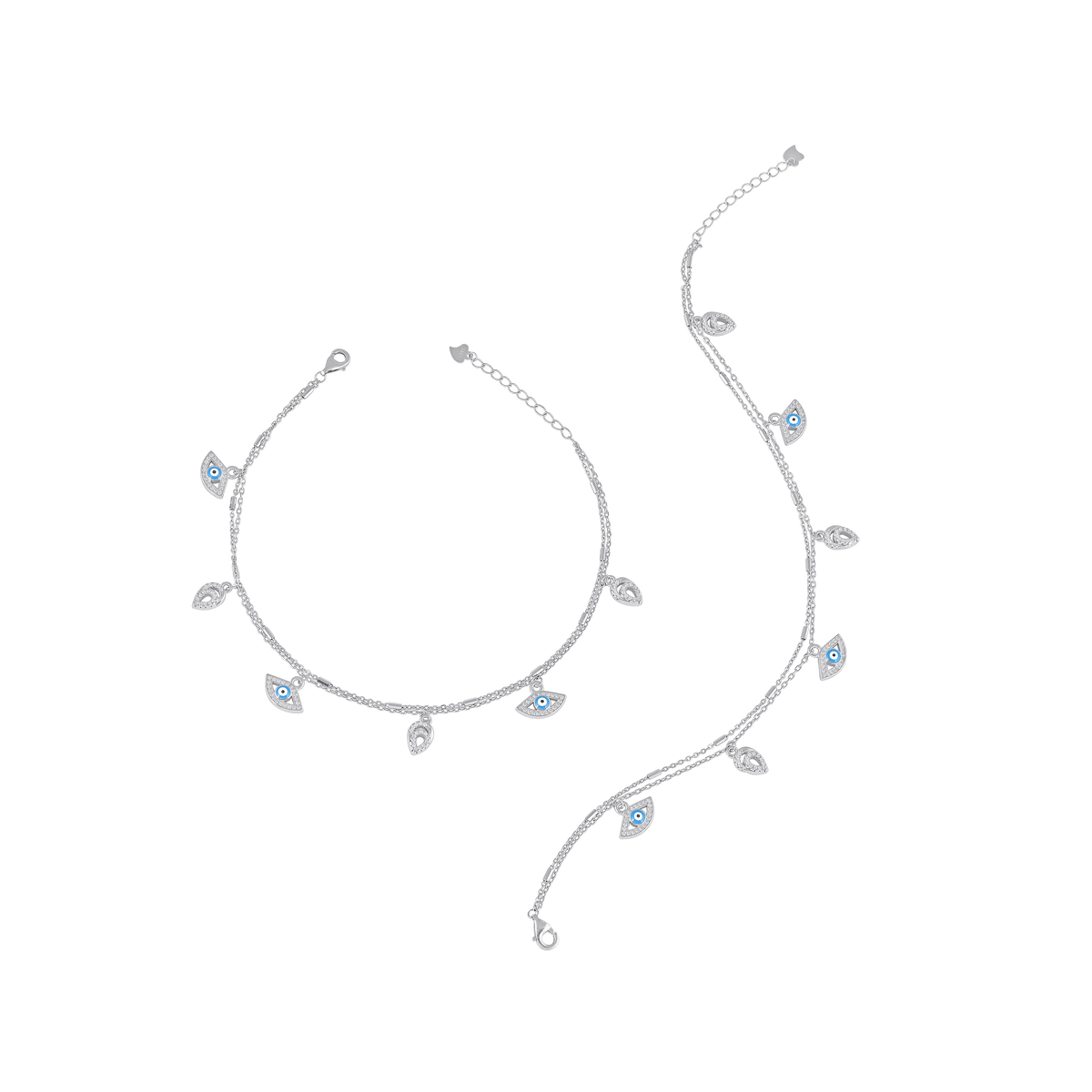 Silver Double Layer Evil Eye & CZ Leaf AnkletsSilver Double Layer Anklets