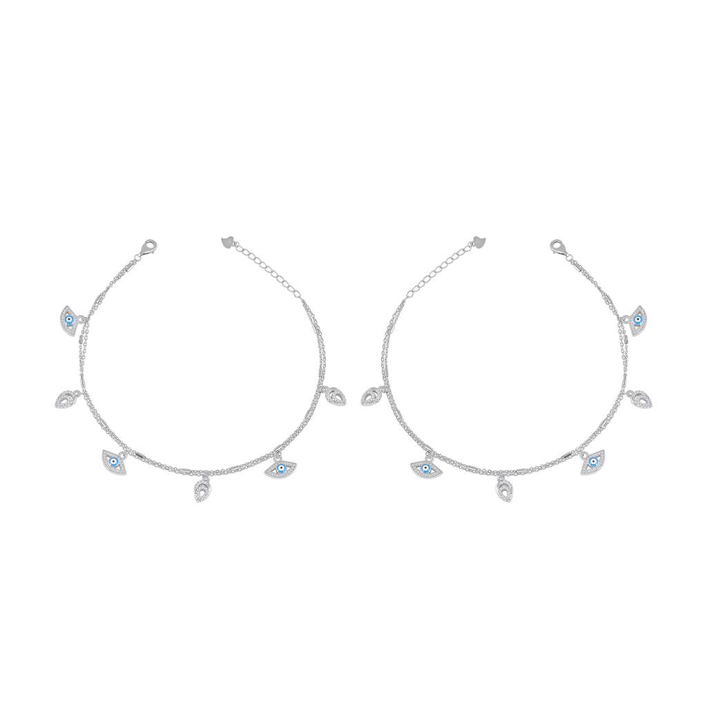 Silver Double Layer Anklets featuring delicate chains with blue enamel Evil Eye charms and cubic zirconia-studded leaf accents in sterling silver.