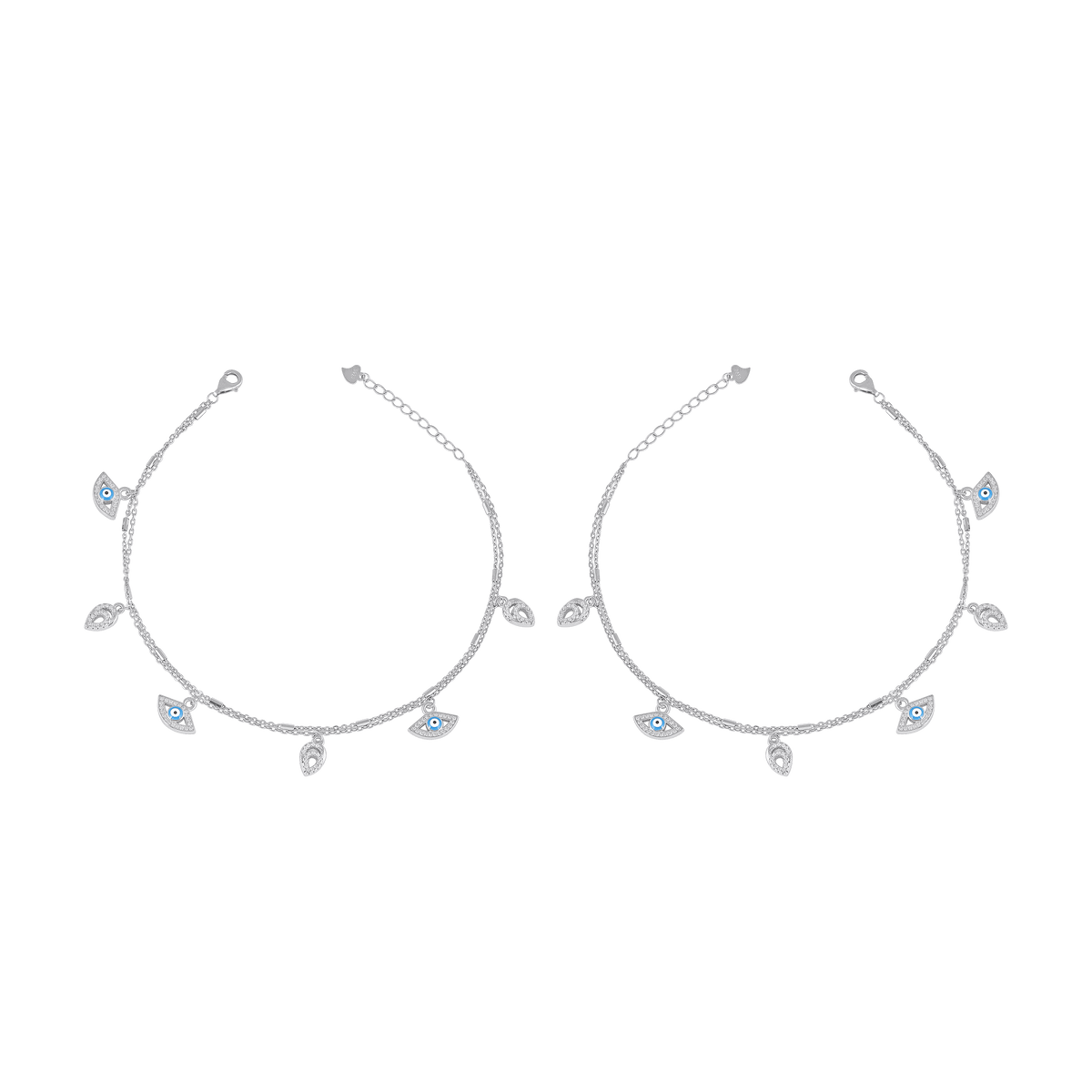 Silver Double Layer Anklets featuring delicate chains with blue enamel Evil Eye charms and cubic zirconia-studded leaf accents in sterling silver.