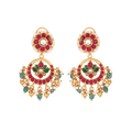 92.5 Silver gold-plated chandbali earrings with kundan pattern featuring red, green stones, seed pearls, and floral motifs.