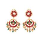 92.5 Silver gold-plated chandbali earrings with kundan pattern featuring red, green stones, seed pearls, and floral motifs.