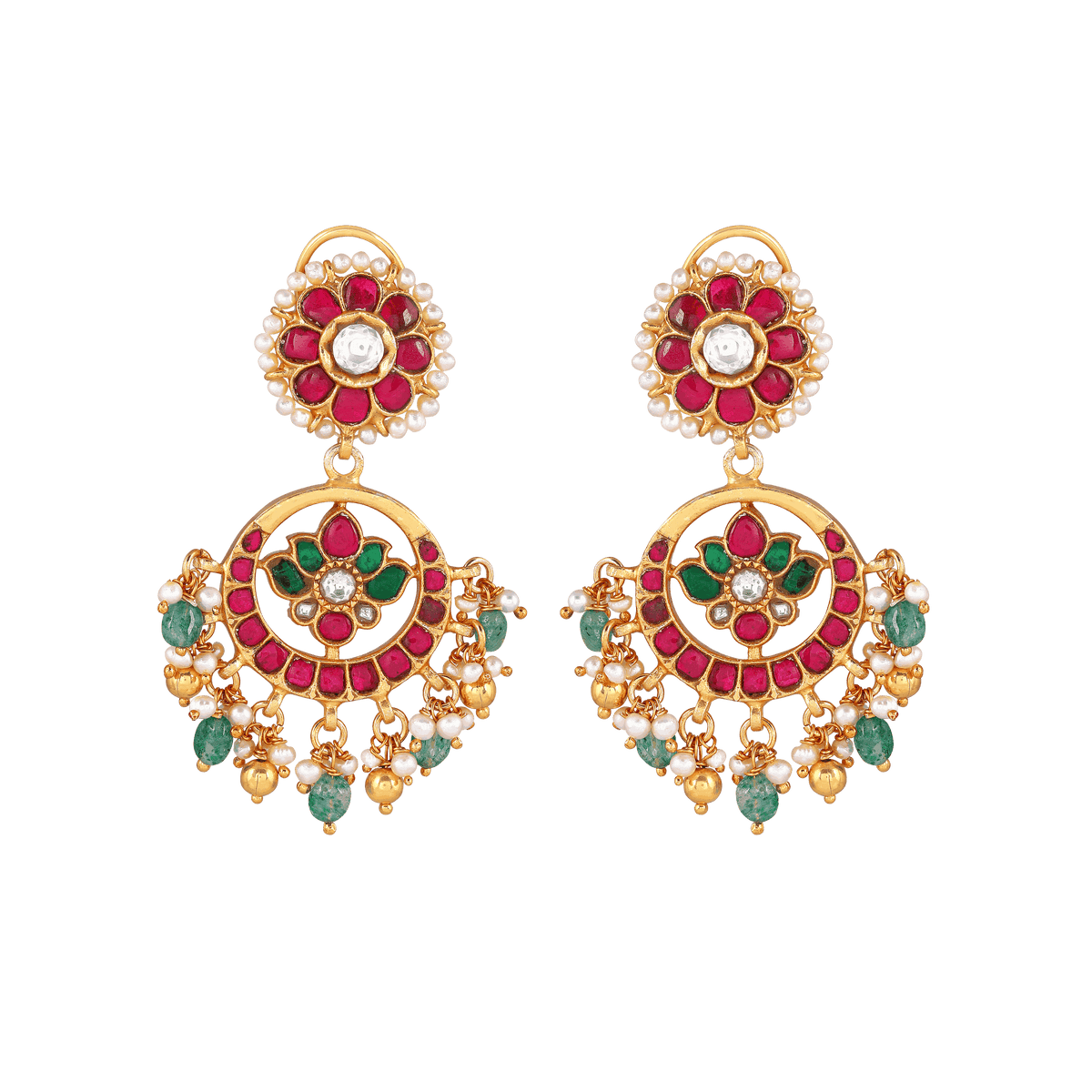 92.5 Silver gold-plated chandbali earrings with kundan pattern featuring red, green stones, seed pearls, and floral motifs.