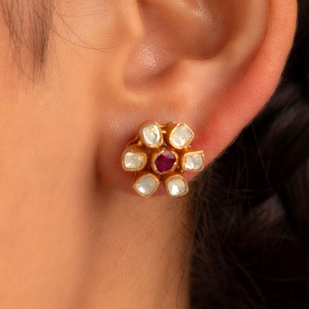Floral Polki-Style Silver Studs by Tavya Jewellery - side view