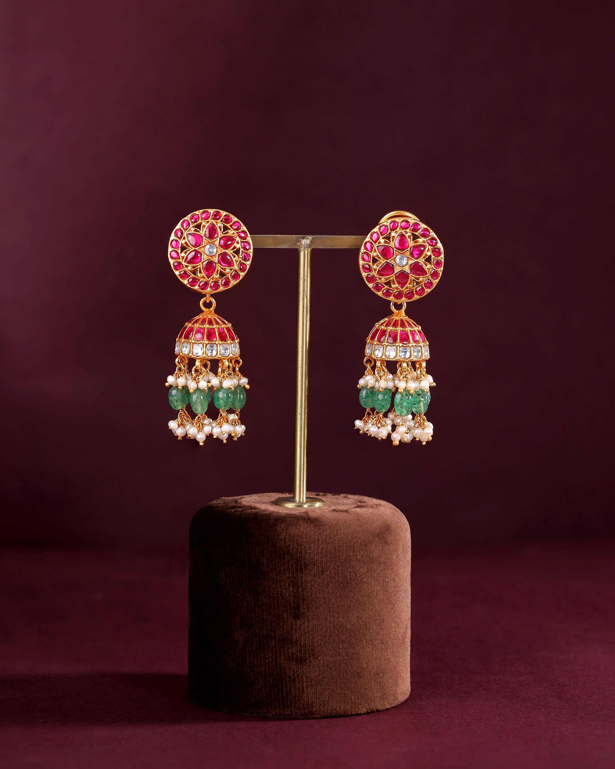 Floral Kundan Pattern Silver Jhumkas by Tavya Jewellery - close-up detail
