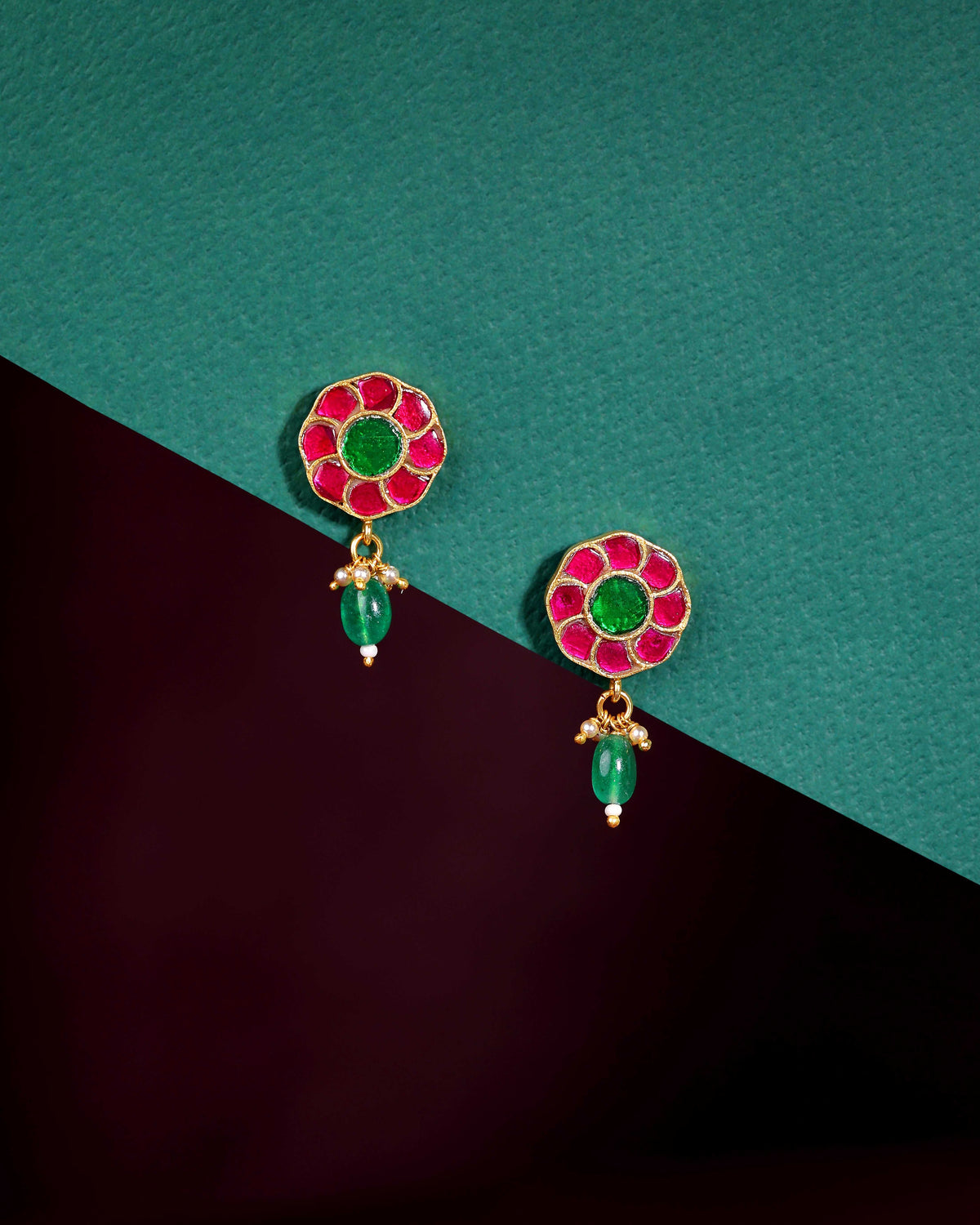 92.5 Silver Gold Plated Floral Earrings by Tavya Jewellery - close-up detail