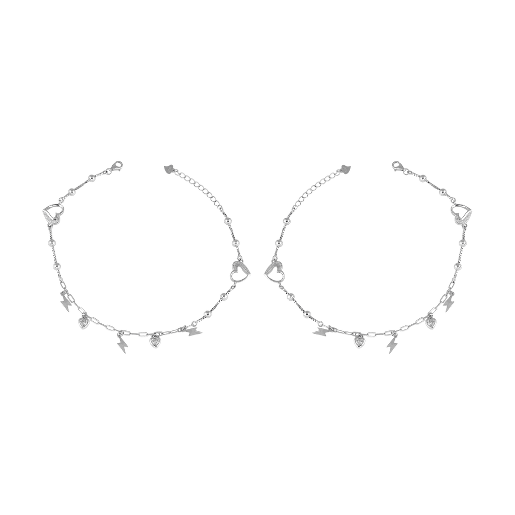 Silver Heart & Thunder Charm Anklet Set featuring alternating heart and thunderbolt charms with smooth silver beads on delicate chains.