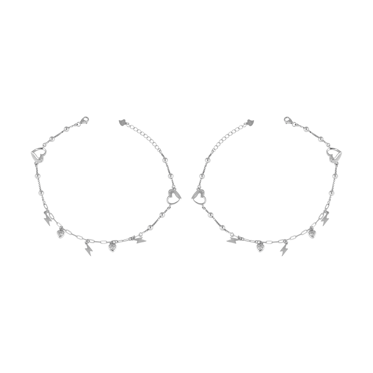 Silver Heart & Thunder Charm Anklet Set featuring alternating heart and thunderbolt charms with smooth silver beads on delicate chains.