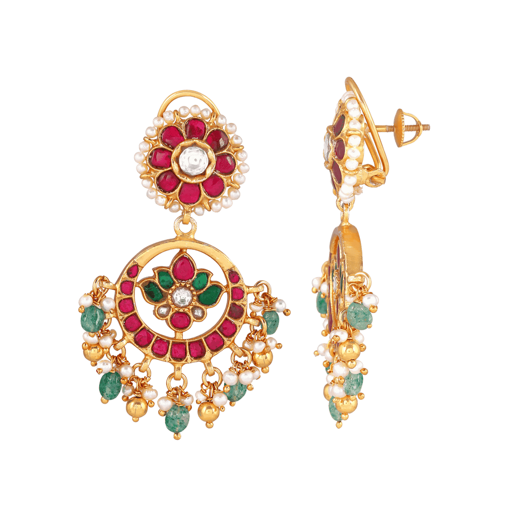 92.5 Silver Gold-Plated Kundan Pattern Chandbali Earrings92.5 Silver