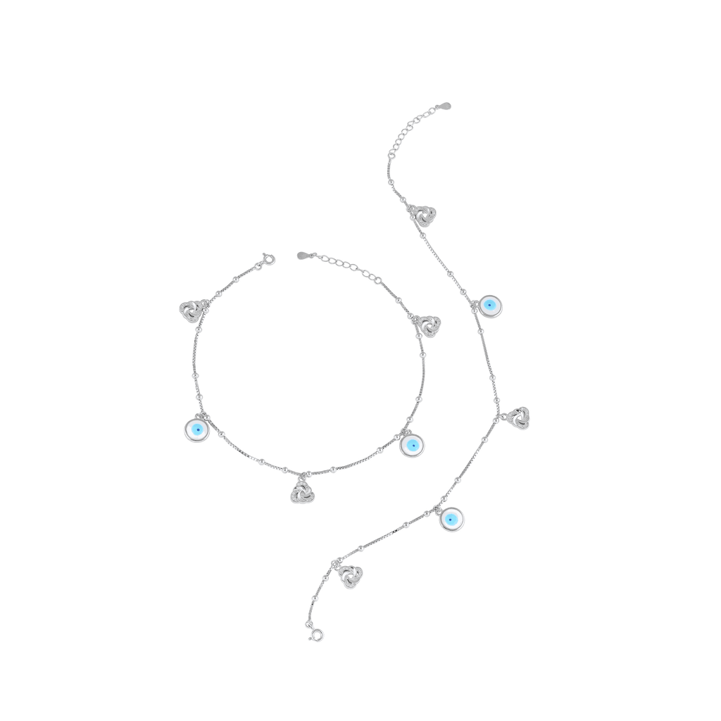 Silver Evil Eye Anklet Pair with Sparkling CZ Accents by Tavya Jewellery - side view