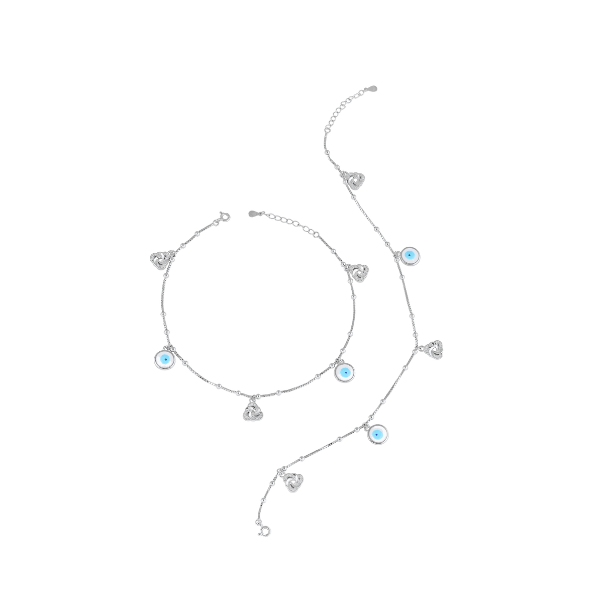 Silver Evil Eye Anklet Pair with Sparkling CZ Accents by Tavya Jewellery - side view