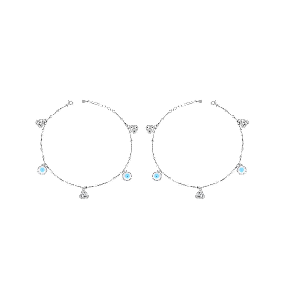 Pair of Silver Evil Eye Anklet with light blue enamel charms, sparkling cubic zirconia love knots, and polished silver balls on delicate chains.