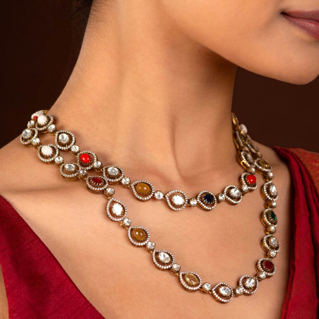 Regal Navratan Design Silver Double-Layered NecklaceRegal Navratan Design