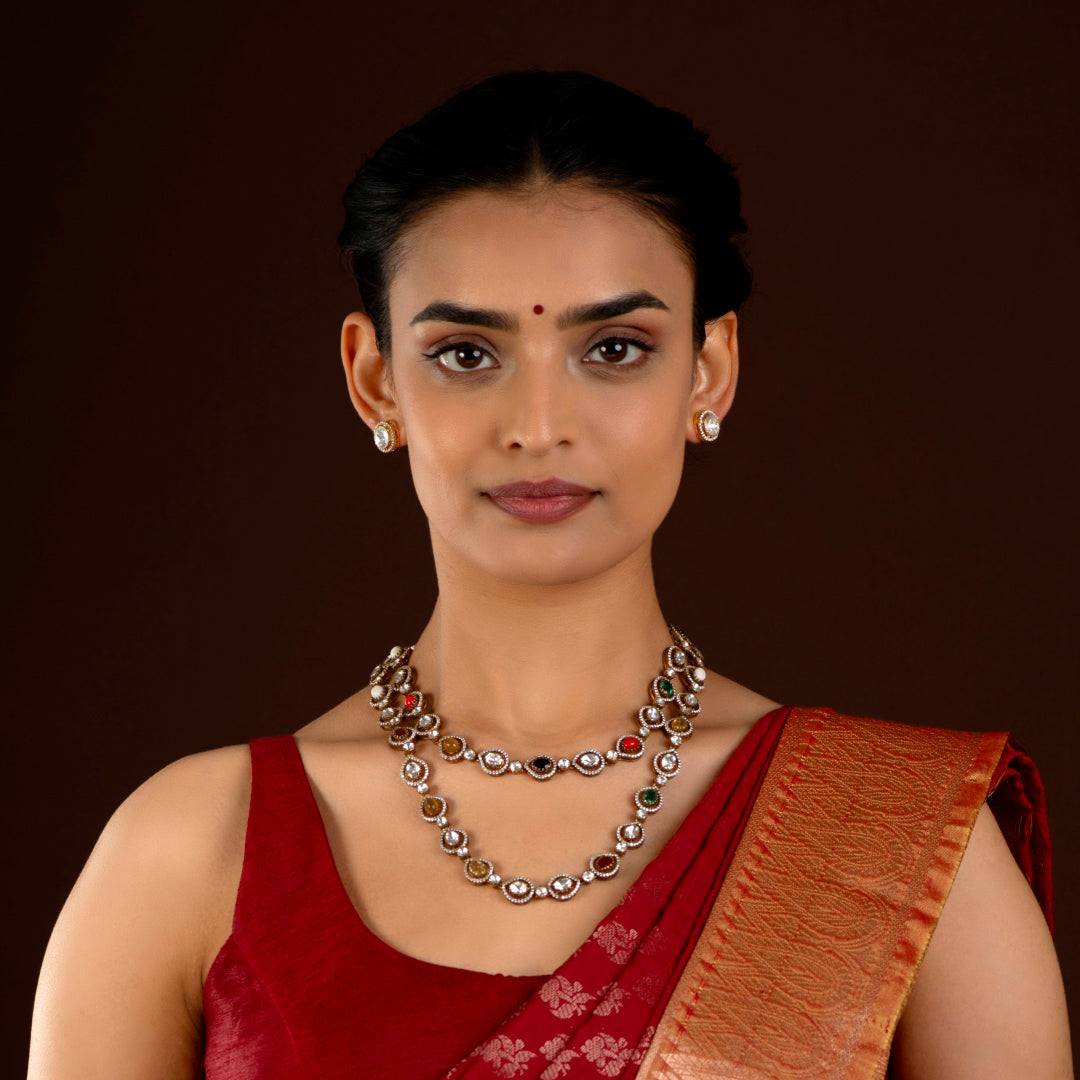 Regal Navratan Design Silver Double-Layered NecklaceRegal Navratan Design