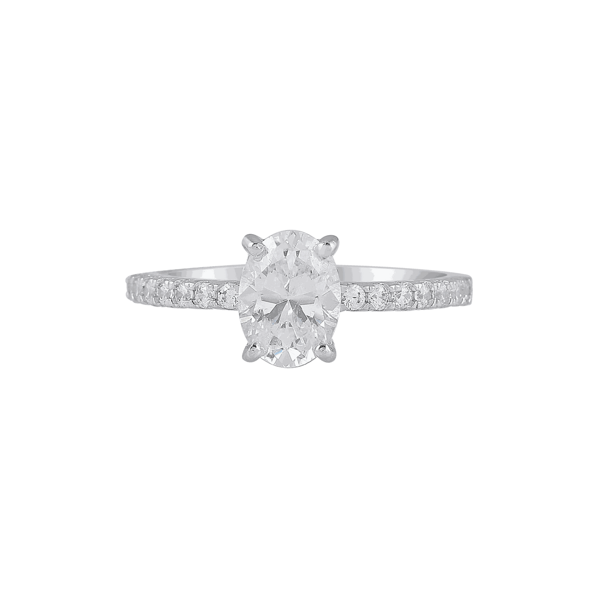 92.5 Silver Promise Ring featuring a high-shine silver band with pavé detailing and an oval-cut center stone in a prong setting.