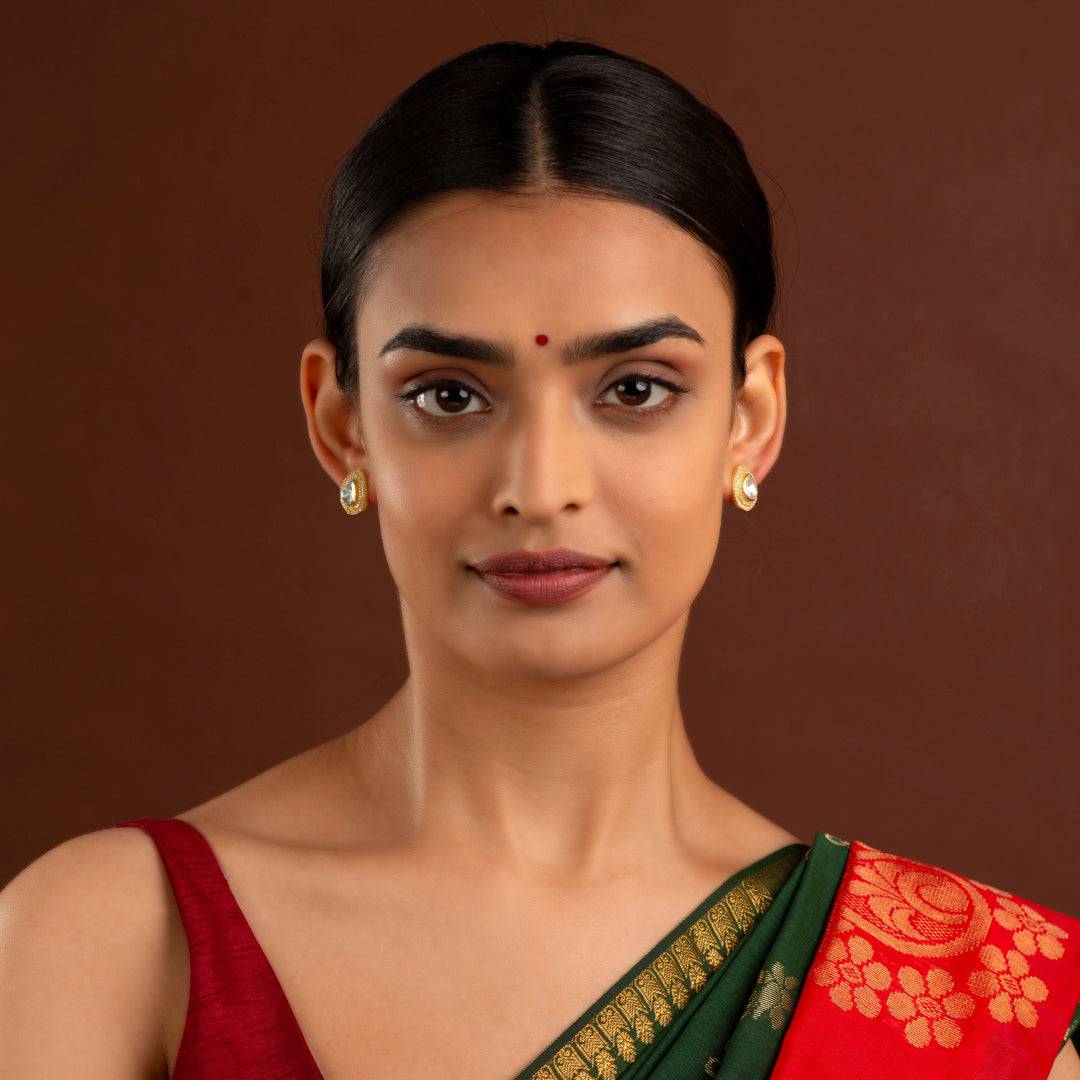 Majestic Pear-Cut Polki Style 92.5 Silver Studs by Tavya Jewellery - full view