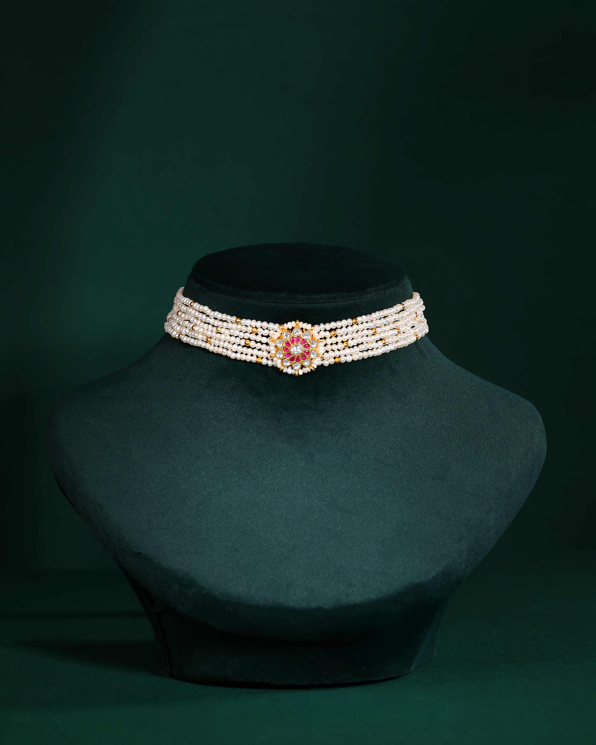 Multi-Strand Pearl Choker with CZ Floral Pendant in Gold Plated SilverMulti-Strand Pearl Choker