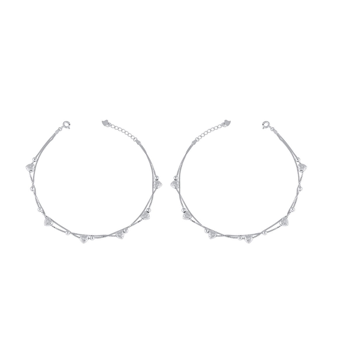 Silver Heart-Dangle double layer anklets in 92.5 sterling silver featuring delicate chains with small heart charms and silver balls.