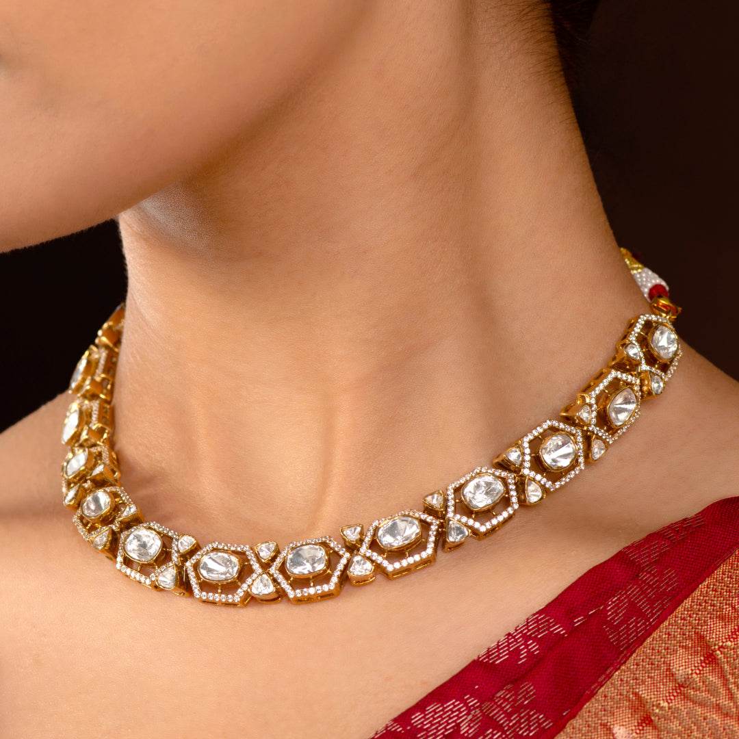 Geometric Polki Pattern Necklace in 92.5 SilverGeometric Polki Pattern Necklace