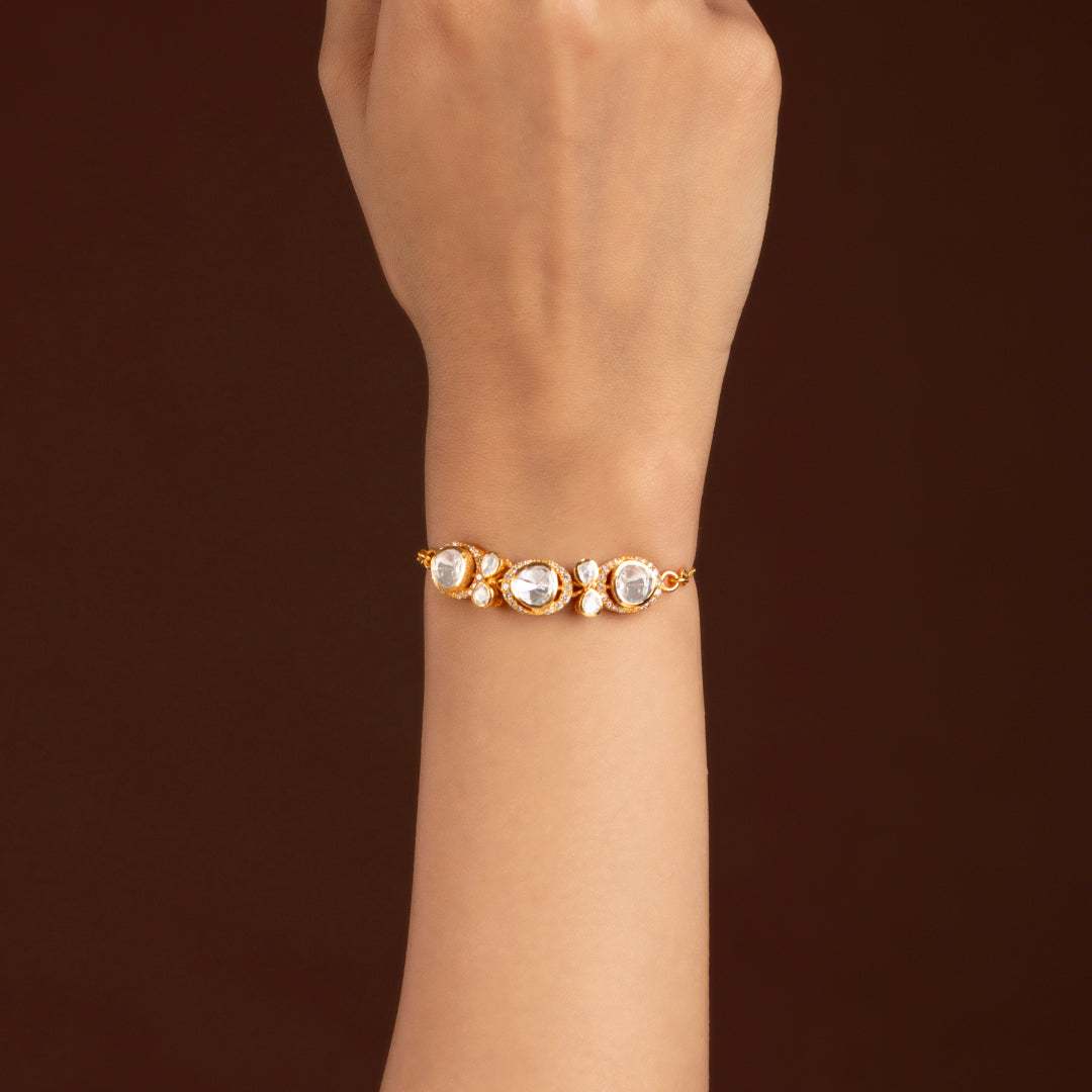 Silver Polki Pattern Slider Bracelet by Tavya Jewellery - styled close-up