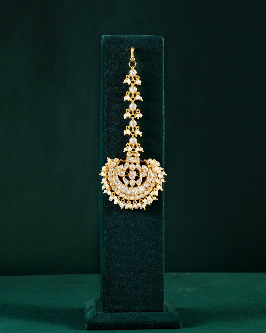 Regal Polki Pattern Silver Maang Tikka with CZRegal Polki Pattern Silver Maang Tikka
