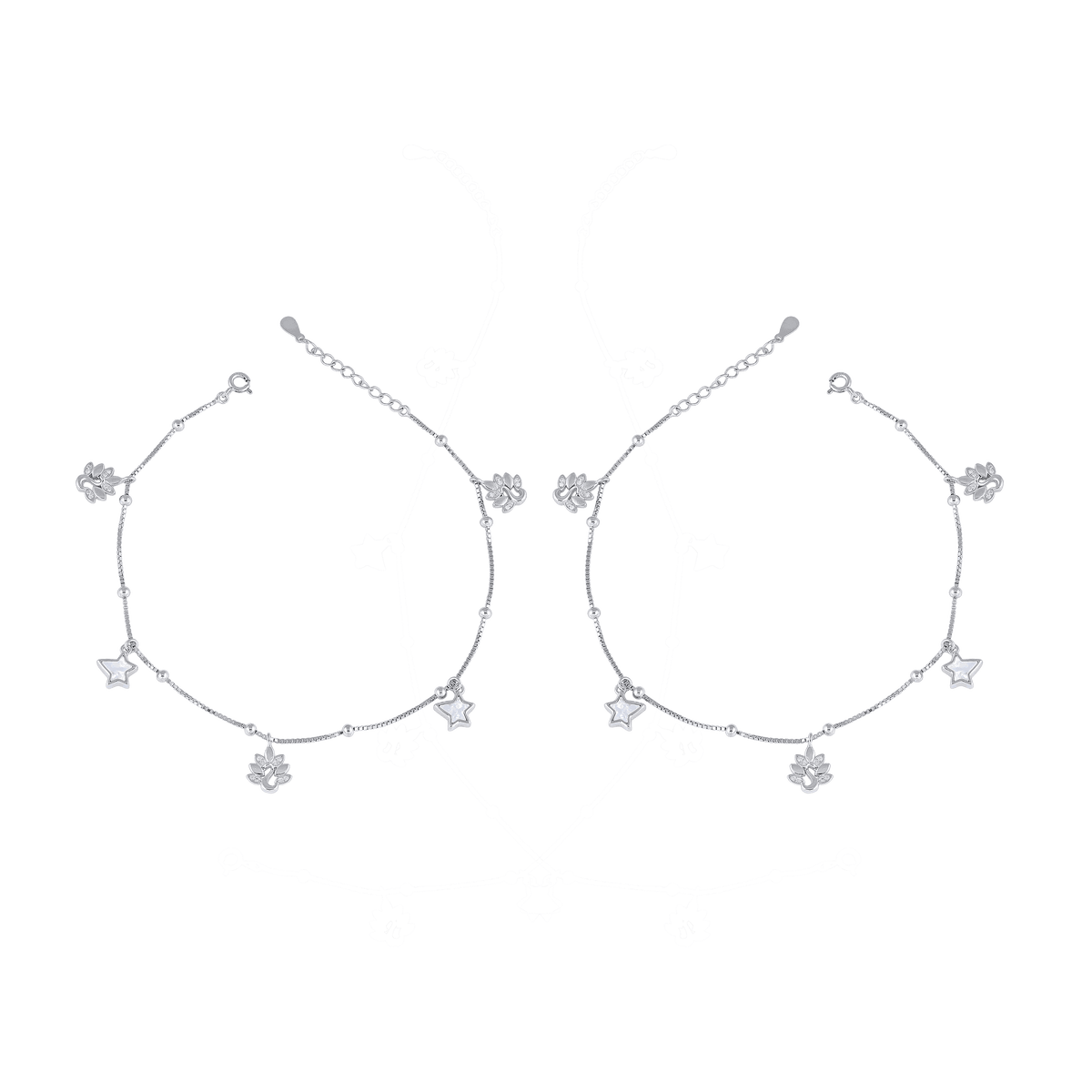 Silver Flora Dangle Anklet featuring sterling silver floral charms with a delicate cable chain and dainty dangling design.