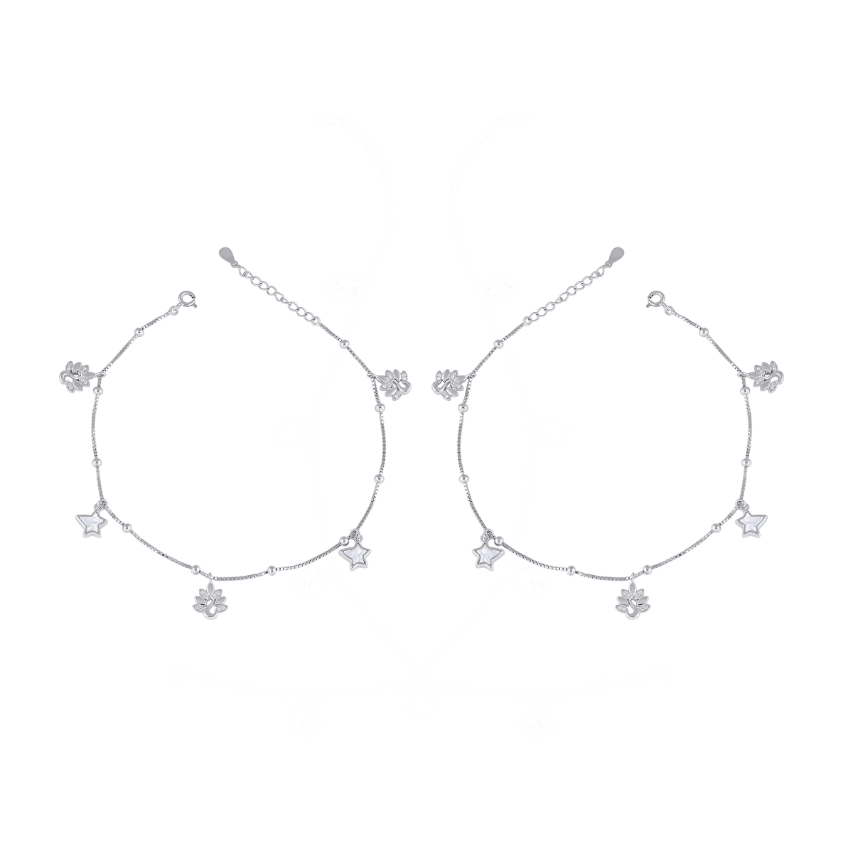 Celestial Bloom silver charm anklet with star and floral charms on a delicate 92.5 sterling silver chain, polished finish.