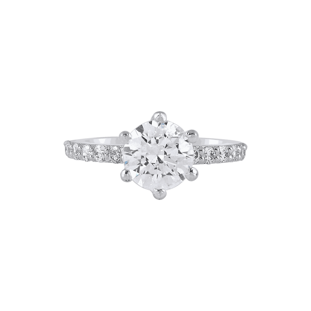 Silver Pave-Set Band Ring featuring a round clear center stone with pavé-set smaller stones on a polished silver band