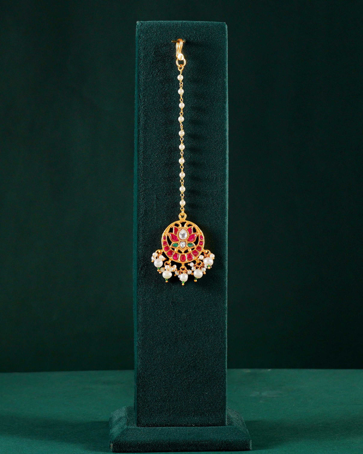 Silver Kundan Pattern Maang Tikka with Lotus DesignSilver Kundan Pattern Maang Tikka