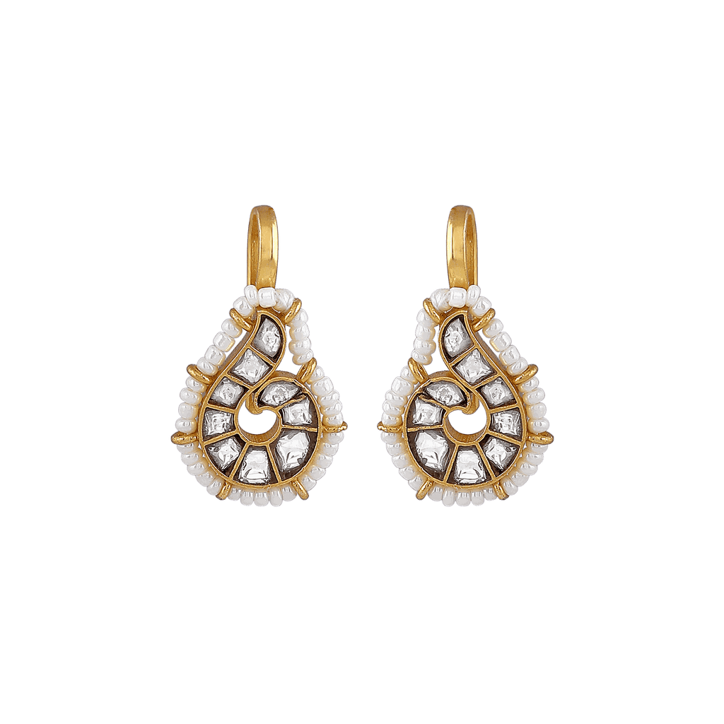 92.5 Silver Polki-Style Drop Earrings with gold-plated finish, featuring spiral pattern, clear stones, and white seed bead border.