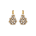 92.5 Silver Polki-Style Drop Earrings with gold-plated finish, featuring spiral pattern, clear stones, and white seed bead border.