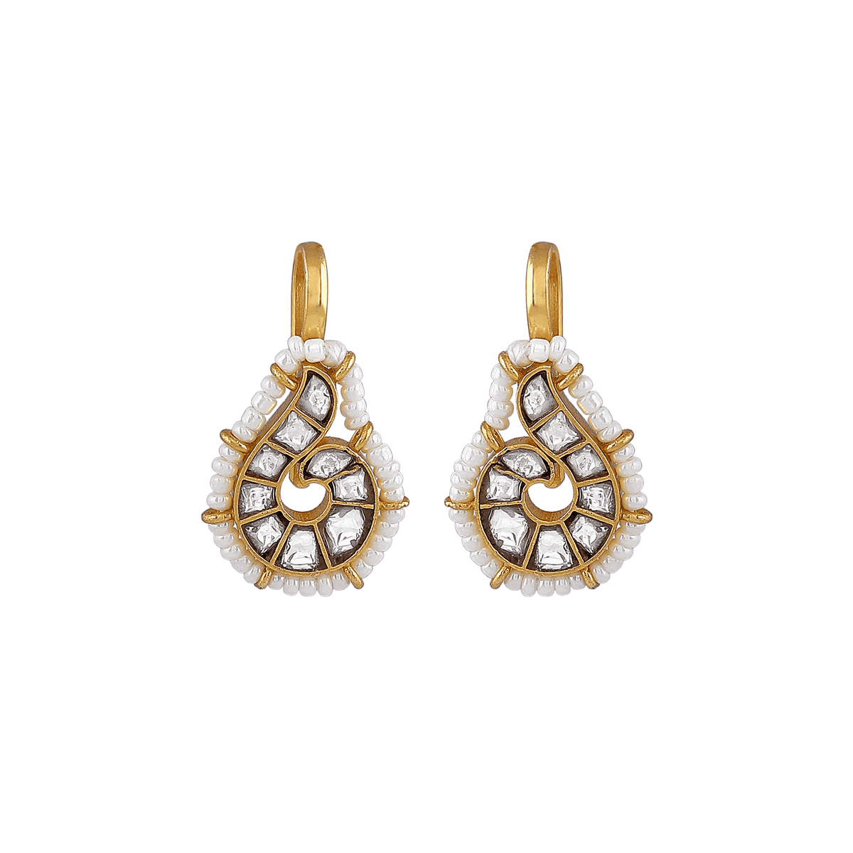 92.5 Silver Polki-Style Drop Earrings with gold-plated finish, featuring spiral pattern, clear stones, and white seed bead border.