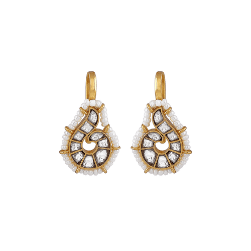 92.5 Silver Polki-Style Drop Earrings with gold-plated finish, featuring spiral pattern, clear stones, and white seed bead border.