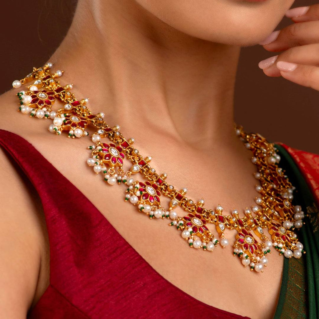 Silver Red Stone Floral Haram by Tavya Jewellery - close-up detail