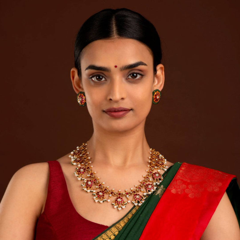 Silver Red Stone Floral Haram by Tavya Jewellery - side view