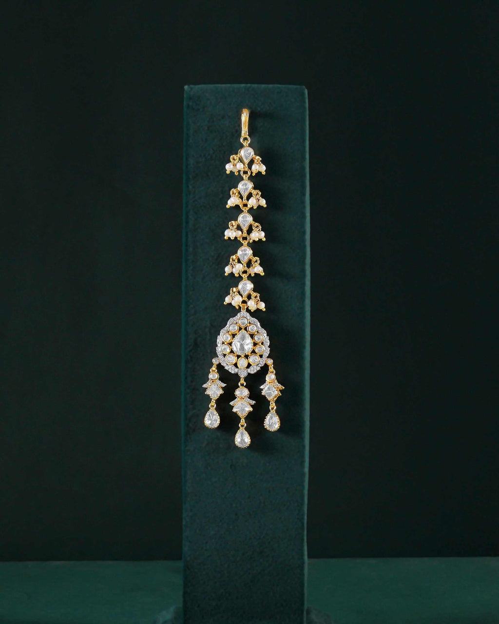 Silver Maang Tikka with Pear-Cut CZ and Seed Pearl Clusters by Tavya Jewellery - close-up detail