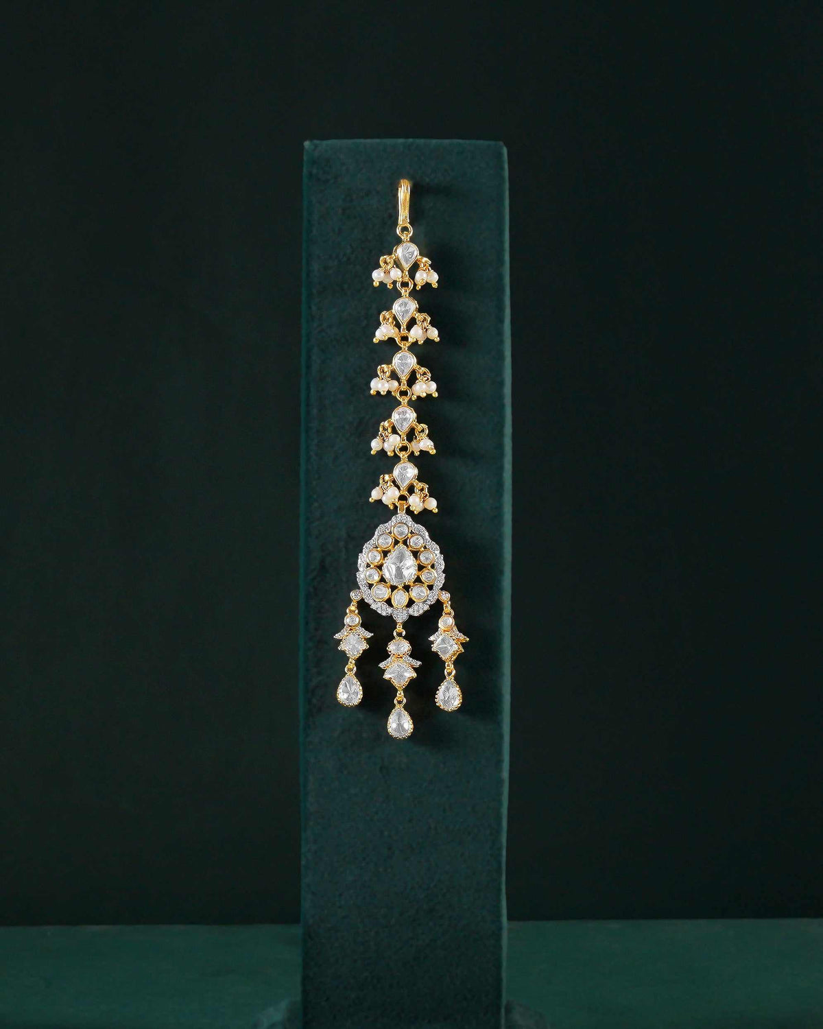 Silver Maang Tikka with Pear-Cut CZ and Seed Pearl Clusters by Tavya Jewellery - close-up detail
