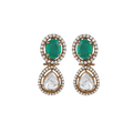 Green Stone Polki drop earrings with gold-plated silver, oval green stones, pear-shaped Polki-cut stones, and surrounding micro-CZ accents.