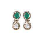 Green Stone Polki drop earrings with gold-plated silver, oval green stones, pear-shaped Polki-cut stones, and surrounding micro-CZ accents.