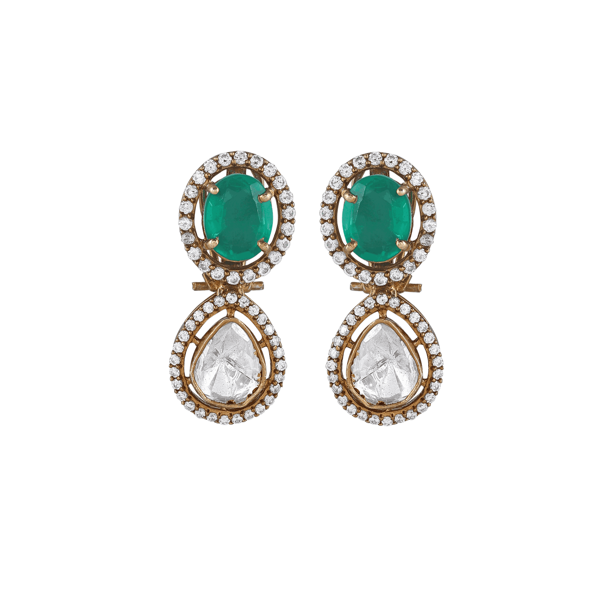 Green Stone Polki drop earrings with gold-plated silver, oval green stones, pear-shaped Polki-cut stones, and surrounding micro-CZ accents.