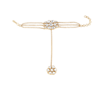Gold-Plated Silver Polki Haath Phool featuring floral clusters with white stones, connected by a delicate gold chain and adjustable strap.