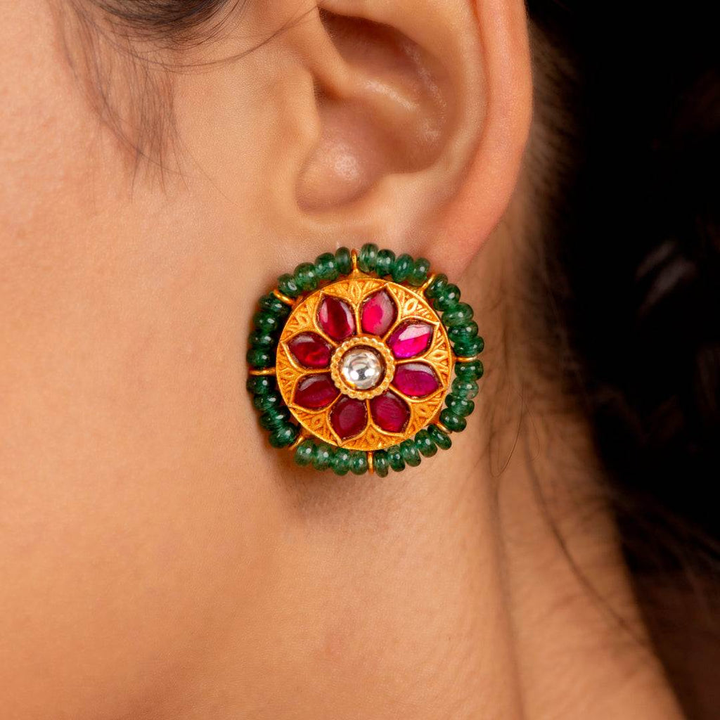 Silver Studs With Green Beads by Tavya Jewellery - side view