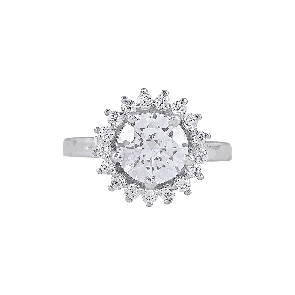 Radiant Halo Bloom 92.5 silver ring featuring a large round-cut center stone surrounded by a floral halo of smaller stones.